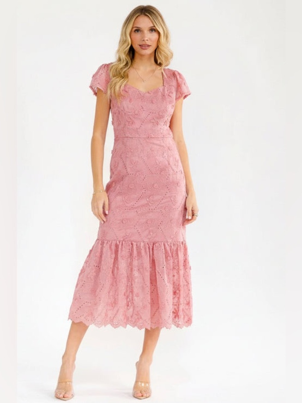 Dust Rose Lace Midi Dress with Ruffle Hem